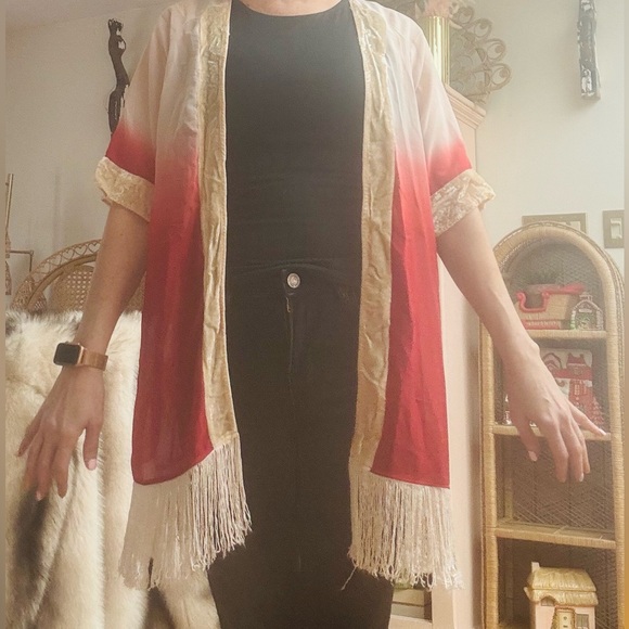 Boho fringe duster coverup red and white Boho red white - Picture 5 of 5